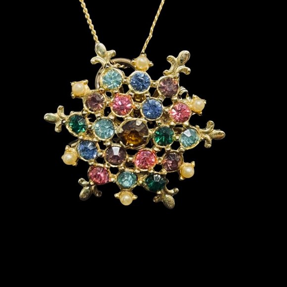 Gold Tone Necklace W/Rhinestone Pendant/Brooch And Screw Back Earrings Set (4882 - Picture 2 of 10